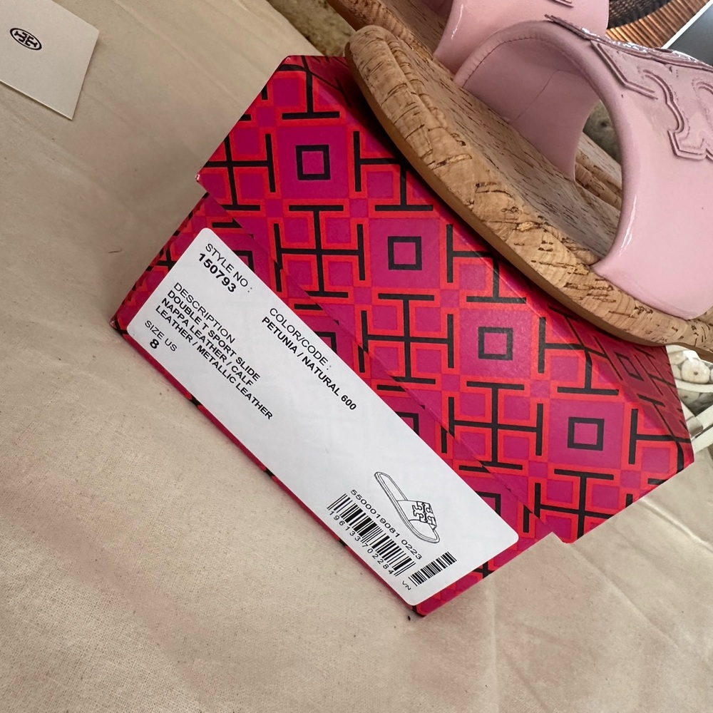 New Tory Burch DOUBLE T SPORT Petunia / Natural SLIDE - Picture 6 of 8